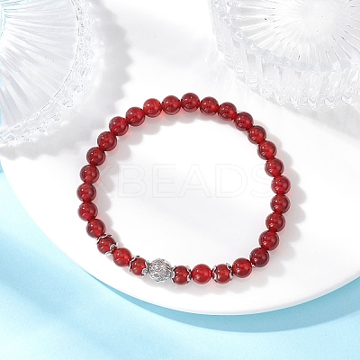 Natural Carnelian(Dyed & Heated) & Brass Round Beaded Stretch Bracelets for Women BJEW-JB12266-02-1