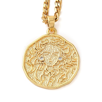 Brass Clear Cubic Zirconia Curb Chain Constellation Pendant Medal Necklaces for Women LS-NJEW-U010-01G-10-1