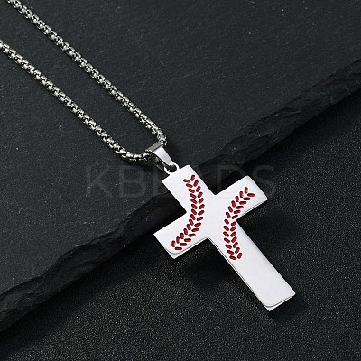 201 Stainless Steel Wheat Cross Pendant Box Chain Necklaces for Women Men NJEW-B124-01P-1
