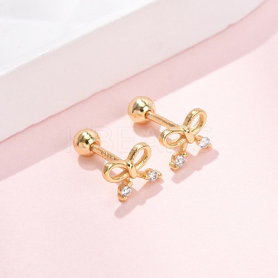 Bowknot 925 Sterling Silver Micro Pave Clear Cubic Zirconia Stud Earrings EJEW-K317-12G-1