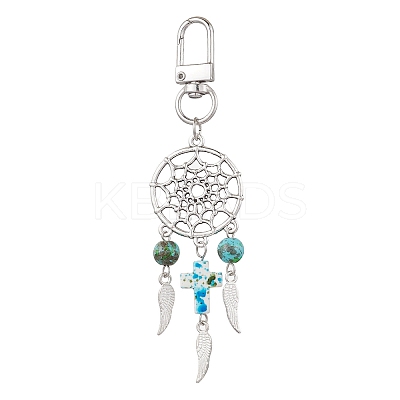 4Pcs Woven Net/Web with Wing Alloy & Synthetic Turquoise Cross Round Pendant Decoration HJEW-JM03055-1