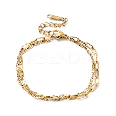 Ion Plating(IP) 304 Stainless Steel Paperclip & Dapped Chains Double Layer Multi-strand Bracelet for Women BJEW-G667-12G-1