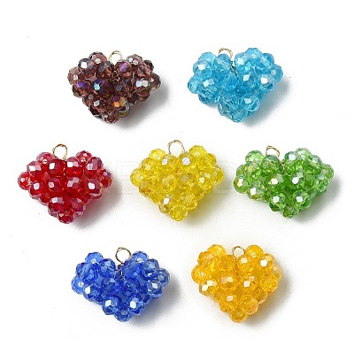 7Pcs 7 Colors Handmade Copper Wired Glass Beaded Heart Pendants PALLOY-CJ00101-1