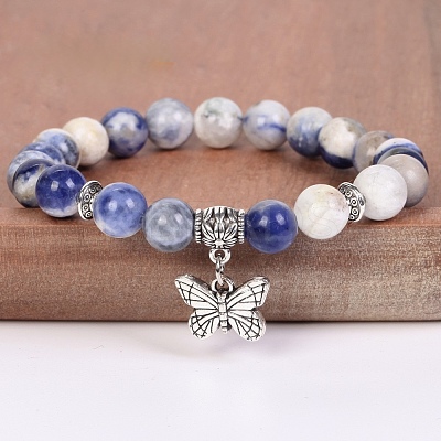 8MM Round Natural Sodalite Beaded Stretch Bracelets with Alloy Butterfly Charms FQ7211-17-1