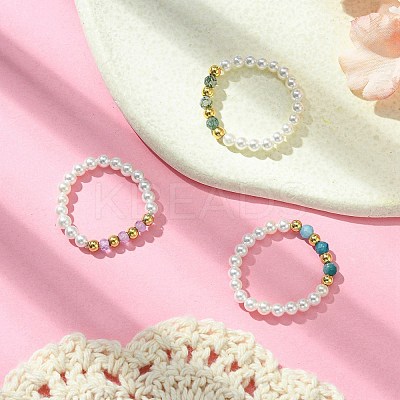 3Pcs 3 Style Natural Pearl & Moss Agate & Apatite Beaded Stretch Rings RJEW-TA00099-1