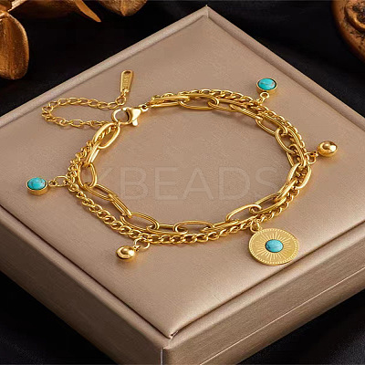 304 Stainless Steel Synthetic Turquoise Beads Double Layers Bracelets FS-WGDB07B-01-1