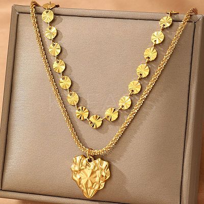 304 Stainless Steel Heart Pendant Flat Sequin Chain Double Layer Necklaces for Women NJEW-F343-03G-1