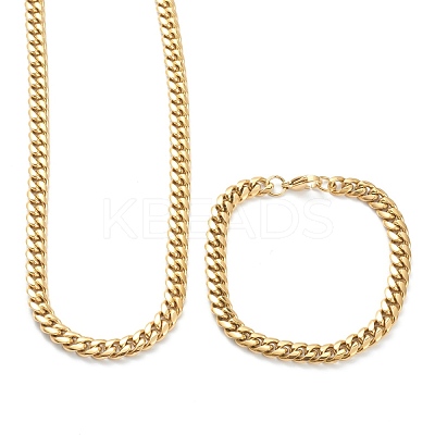 Ion Plating(IP) 304 Stainless Steel Cuban Link Chain Bracelets & Necklaces Jewelry Sets SJEW-B019-03B-G-1