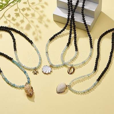 Natural Aquamarine & Lava Rock Beaded Necklace with Brass Charm NJEW-JN03997-1