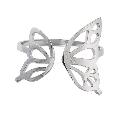 304 Stainless Steel Hollow Butterfly Wing Open Cuff Rings for Women RJEW-M024-02P-1