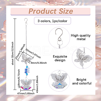 3Pcs 3 Colors Butterfly Glass Pendant Decoration HJEW-SP00010-1