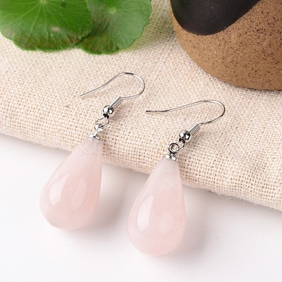 Natural Rose Quartz Teardrop Dangle Earrings EJEW-J086-08-1