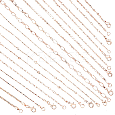 10Pcs 10 Styles Brass Paperclip & Cable & Box & Satellite & Bar Link Chain Necklaces Set MAK-PH0004-33RG-1