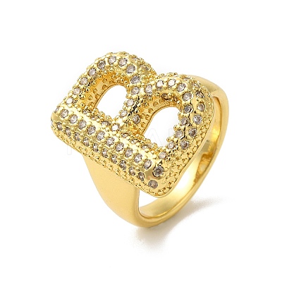 Letter Brass Micro Pave Clear Cubic Zirconia Open Cuff Ring for Women RJEW-N046-03B-G-1