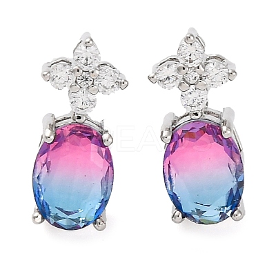 Brass Pave Cubic Zirconia Flower & Oval Stud Earrings for Women EJEW-I304-26P-09-1