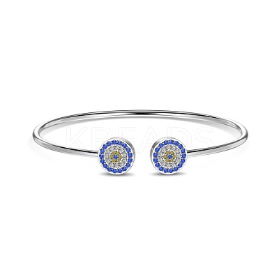 Evil Eye Rhodium Plated 925 Sterling Silver Micro Pave Cubic Zirconia Cuff Bangles for Women BJEW-C062-06P-1