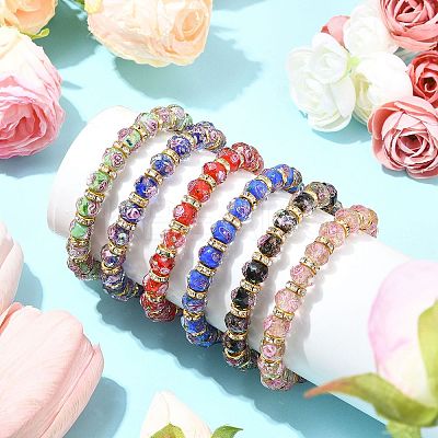 Faceted Rondelle Handmade Inner Flower Gold Sand Lampwork & Iron Beaded Stretch Bracelets for Women BJEW-SW001579-04-1