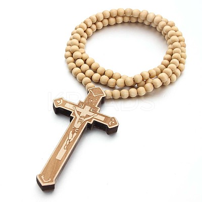 Wood Cross Pendant Necklace with Round Beaded Chains for Men Women RELI-PW0001-024A-1
