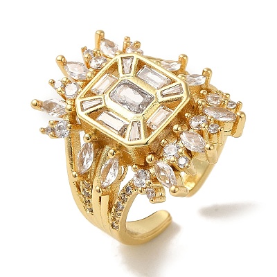 Rack Plating Brass Micro Pave Clear Cubic Zirconia Cuff Ring RJEW-P104-03G-1