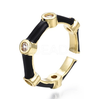 Clear Cubic Zirconia Bamboo Shape Open Cuff Ring with Enamel for Women RJEW-N035-101-1