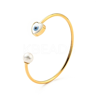 Shell Pearl & Heart with Evil Eye Open Cuff Bangle LS-BJEW-G647-03G-1