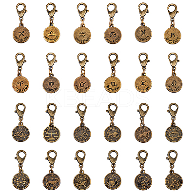 4 Sets 12 Constellations Flat Round Alloy Pendants Decoration HJEW-FH0001-37-1