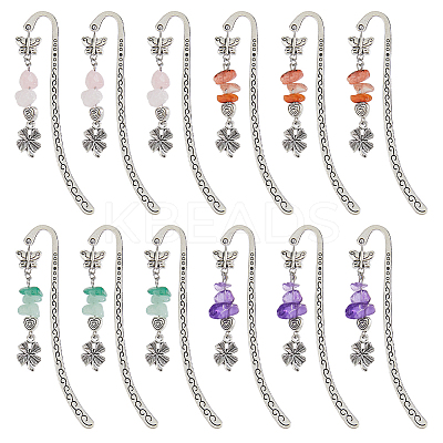 12Pcs 4 Styles Natural Rose Quartz & Green Aventurine & Amethyst & Red Agate Chips & Alloy Clover Charms Bookmarks AJEW-HS00008-1