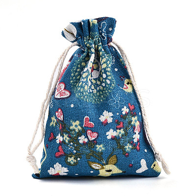 Flower Deer Printed Polycotton(Polyester Cotton) Packing Pouches Drawstring Bags ABAG-T004-10x14-37-1