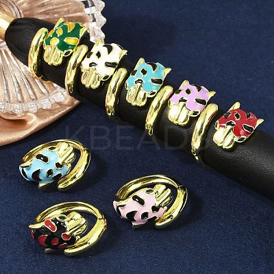 Brass Micro Pave Cubic Zirconia Enamel Cuff Rings for Women RJEW-L113-041G-1