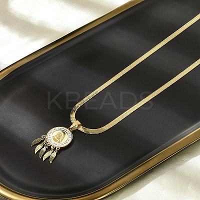 201 Stainless Steel Clear Cubic Zirconia Flat Round Virgin with Feather Pendant Necklaces NJEW-H055-02G-1