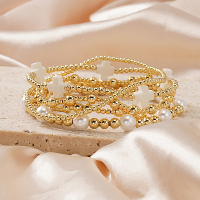 5Pcs 5 Styles Brass & Resin Imitation Pearl Round Beads Stretch Jewelry for Women YN2620-1-1