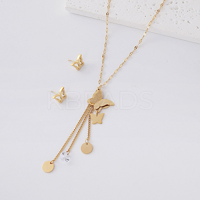 304 Stainless Steel Butterfly Stud Earrings & Tassel Necklaces Sets for Women IY3689-6-1