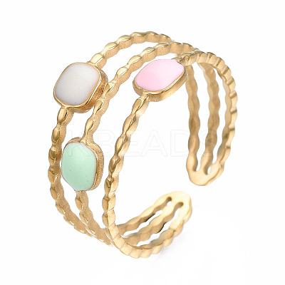 304 Stainless Steel Square Open Cuff Ring with Enamel X-RJEW-T023-52G-1