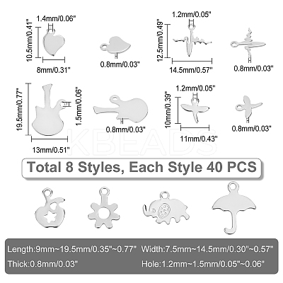 320Pcs 8 Style 304 Stainless Steel Charms STAS-DC0003-20-1