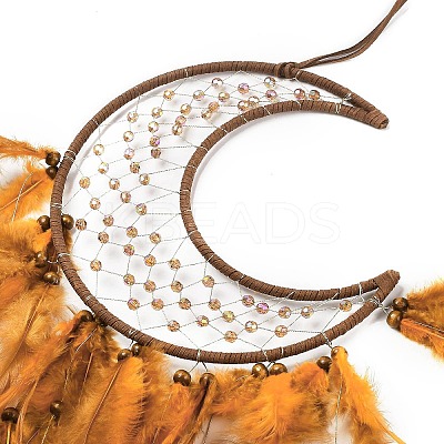 Moon Woven Web/Net with Feather Hanging Ornaments HJEW-G025-09B-1
