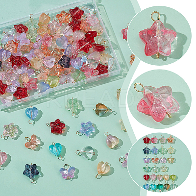 120Pcs 3 Styles Gradient Color Baking Paint Transparent Glass Star & Heart & Butterfly Connector Charms PALLOY-AR00029-1