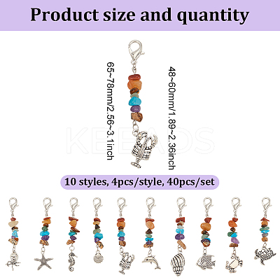 40Pcs 10 Styles Tibetan Style Sea Animal Alloy Pendant Decorations HJEW-GO00010-1