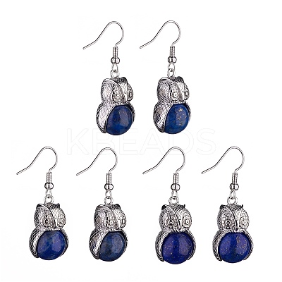 Natural Dyed Lapis Lazuli Owl Dangle Earrings EJEW-A092-08P-02-1