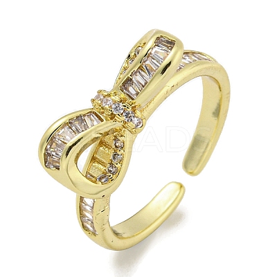 Bowknot Brass Micro Pave Cubic Zirconia Open Cuff Ring for Women RJEW-E296-03G-1