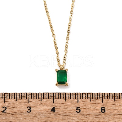 304 Stainless Steel Fern Green Rhinestone Rectangle Pendant Cable Chain Necklaces NJEW-U026-01G-1