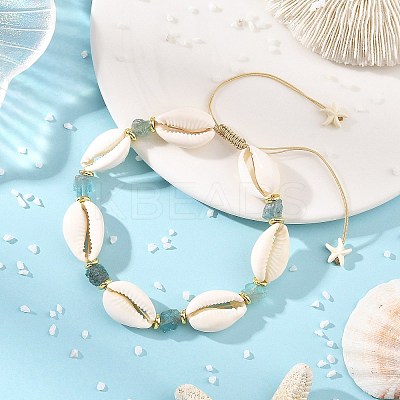Ocean Natural Blue Apatite & Natural Cowrie Shell Braided Bead Anklets for Women AJEW-AN00845-1