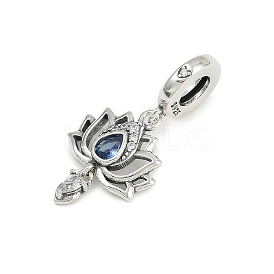 925 Sterling Silver Pave Marine Blue Cubic Zirconia Lotus Flower European Dangle Charms KK-P324-12P-1