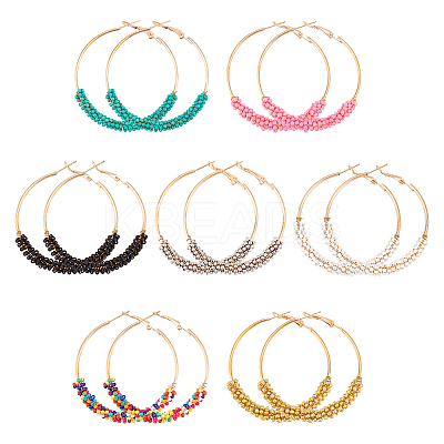 7 Pairs 7 Colors Glass Round Braided Beaded Hoop Earrings EJEW-AN0002-21-1