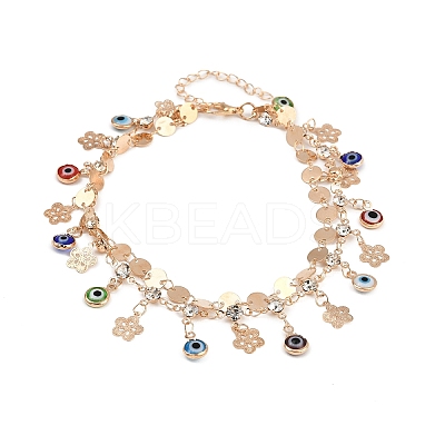 Alloy Crystal Rhinestone Disc Resin Evil Eye Tassel Double Layer Anklets for Women LS-AJEW-A069-02G-1