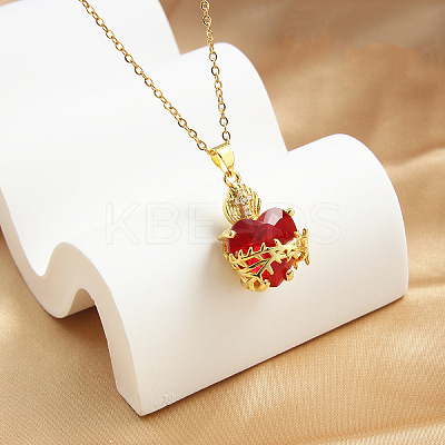 Brass Micro Pave Clear Cubic Zirconia and Red Resin Scared Heart Pendant Necklaces for Women FS-WG476F5-01-1