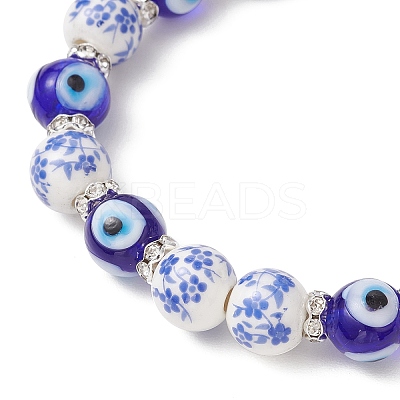 Handmade Flower Printed Porcelain Ceramic & Handmade Lampwork Evil Eye Beads Stretch Bracelets for Women BJEW-JB12105-04-1