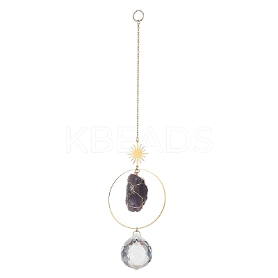 3Pcs Nuggets Natural Amethyst & Fluorite & Rose Quartz & Glass Round Hanging Suncatchers HJEW-JM04660-1
