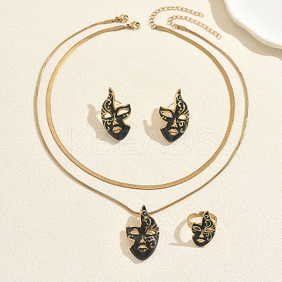 201 Stainless Steel Mask Stud Earrings & Pendant Necklaces & Rings Sets for Women AB3701-1