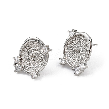 Brass Micro Pave Clear Cubic Zirconia Flat Round Stud Earring Findings KK-H524-08P-1