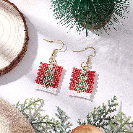 Rectangle with Christmas Tree Glass Seed Bead with 304 Stainless Steel Dangle Earrings EJEW-MZ00535-1